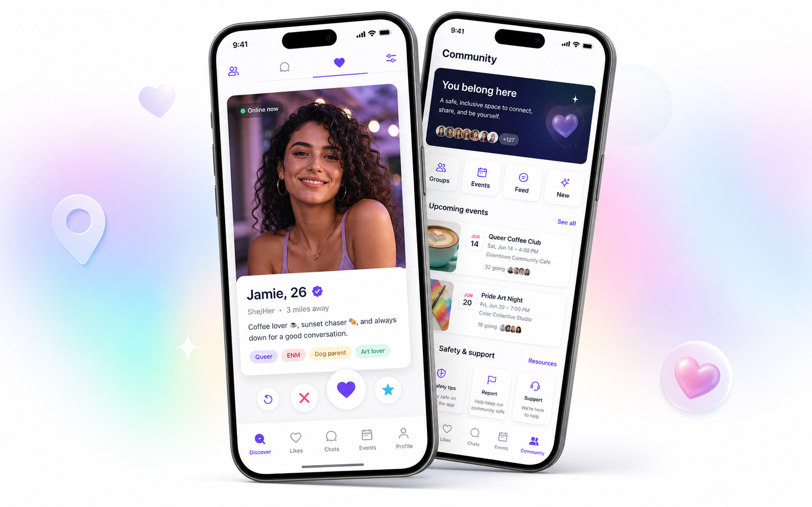 LGBTQ dating app interface preview with profile and community screens