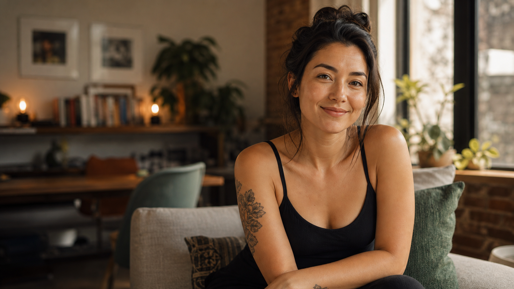 A HER community reviewer smiling in a warm apartment setting